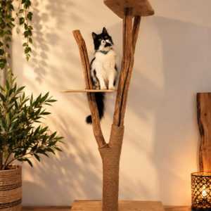 Arbre à Chat II artisanal en bois naturel avec griffoir en chanvre et plateformes en bois massif – création LBS