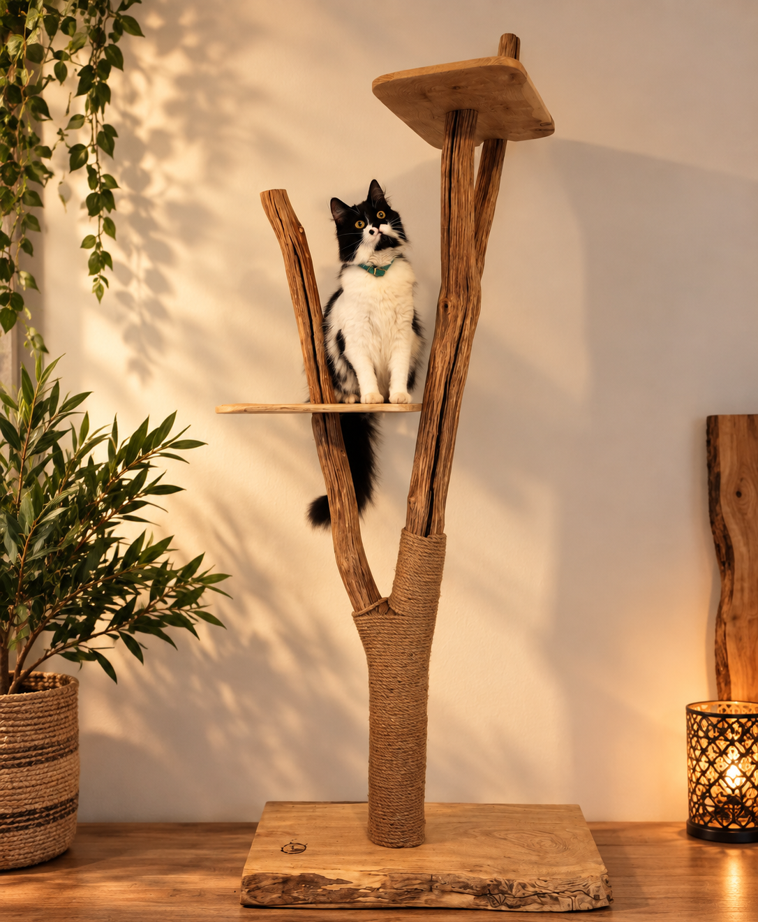 Arbre à Chat II artisanal en bois naturel avec griffoir en chanvre et plateformes en bois massif – création LBS