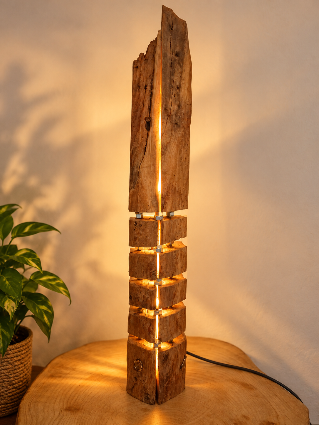 Charpente d’autrefois, lampe artisanale réalisée dans une ancienne pièce de charpente avec éclairage LED – LBS
