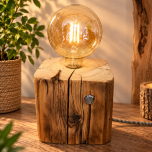 Cube, lampe à poser artisanale en ancienne poutre de bois avec ampoule globe – création unique LBS