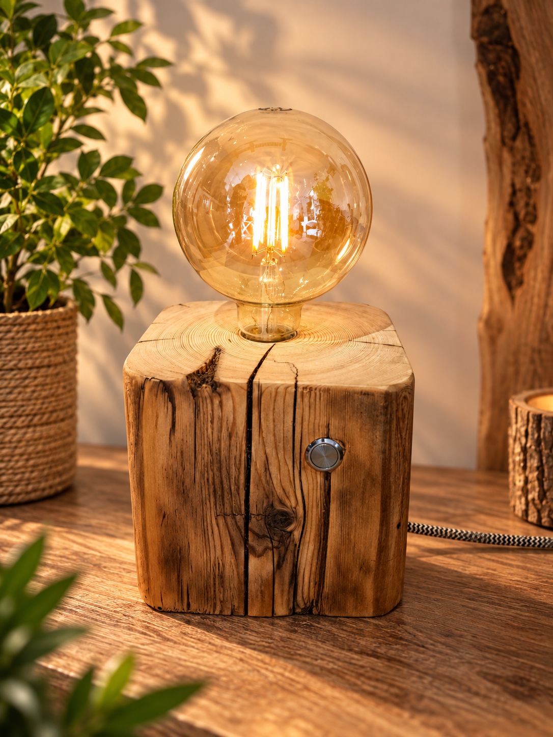 Cube, lampe à poser artisanale en ancienne poutre de bois avec ampoule globe – création unique LBS