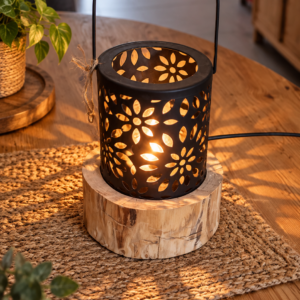 Dancing Shadow, lanterne lumineuse décorative sur socle en bois massif – création artisanale LBS