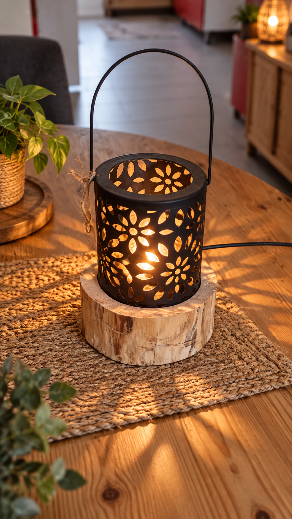 Dancing Shadow, lanterne lumineuse décorative sur socle en bois massif – création artisanale LBS