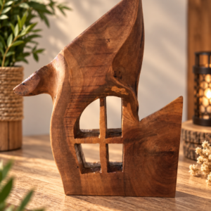 Fenêtre, sculpture décorative artisanale en bois massif sculpté et ajouré – création unique LBS
