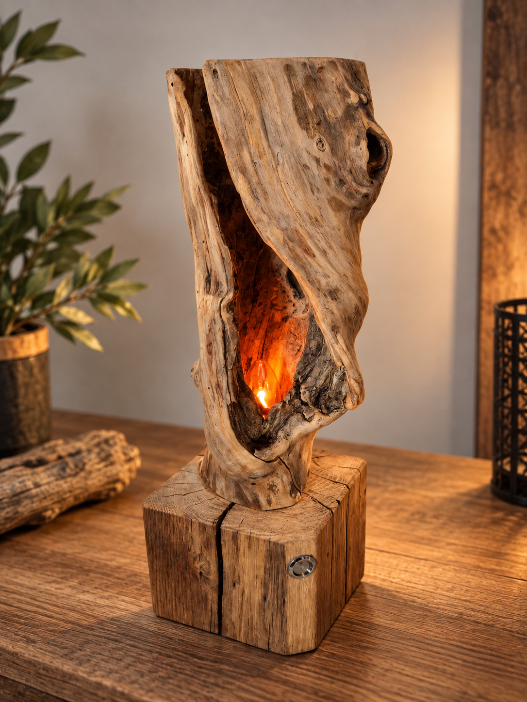 Hollow, lampe artisanale en bois creux naturel avec éclairage intérieur chaleureux – pièce unique LBS