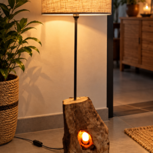 Hollow II, lampadaire artisanal en bois creux naturel avec double éclairage et abat-jour en tissu – LBS