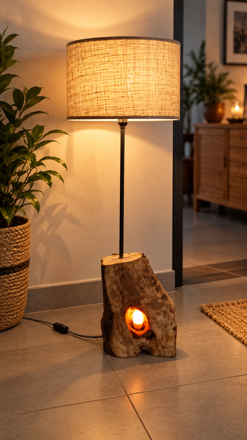 Hollow II, lampadaire artisanal en bois creux naturel avec double éclairage et abat-jour en tissu – LBS
