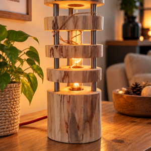 Halo, lampe artisanale en bois massif composée d’anneaux de bois et d’une structure en métal – LBS