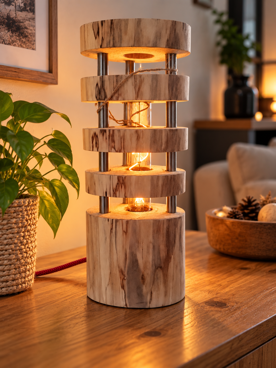 Halo, lampe artisanale en bois massif composée d’anneaux de bois et d’une structure en métal – LBS