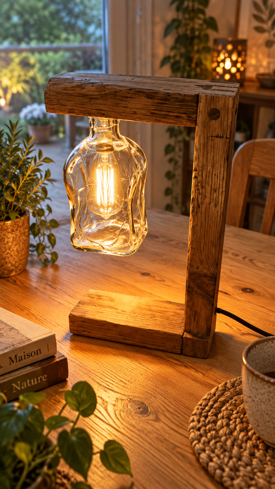 La Pendue, lampe artisanale en bois de palette avec bouteille en verre recyclée et filament LED – LBS