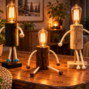 Trois modèles Liluminé, lampes artisanales en bois de récupération en forme de personnages – créations LBS