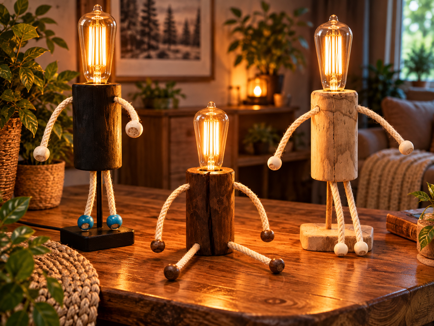 Trois modèles Liluminé, lampes artisanales en bois de récupération en forme de personnages – créations LBS