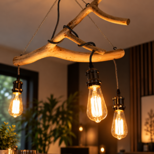 Lustre artisanal en branches de noyer avec trois ampoules suspendues – luminaire en bois naturel LBS