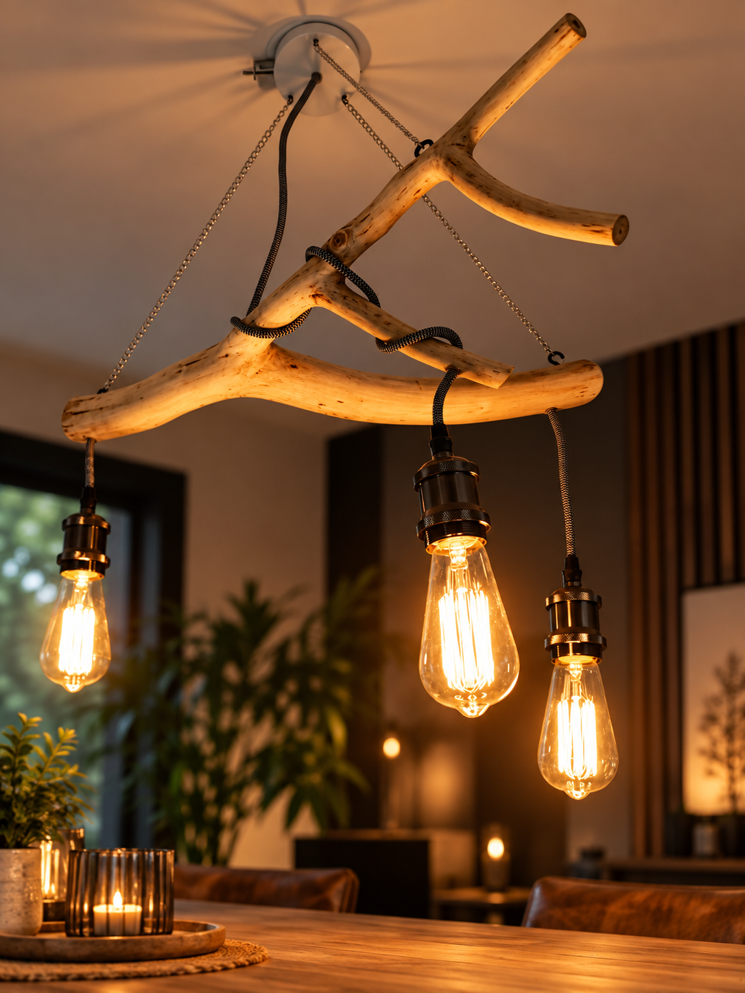 Lustre artisanal en branches de noyer avec trois ampoules suspendues – luminaire en bois naturel LBS