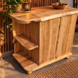 Meuble artisanal en orme massif avec plateau à bord naturel et rangements – création sur mesure LBS