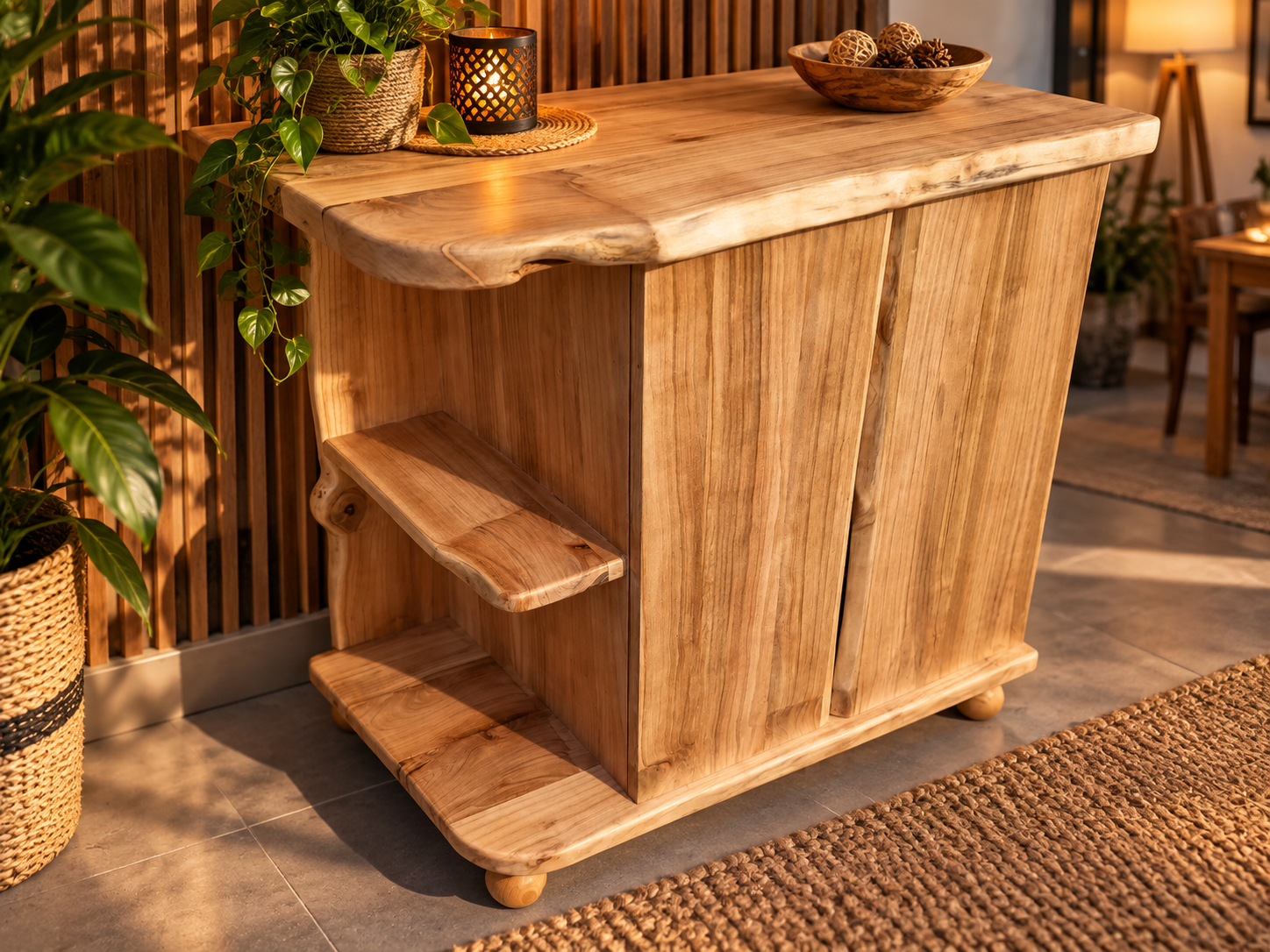 Meuble artisanal en orme massif avec plateau à bord naturel et rangements – création sur mesure LBS