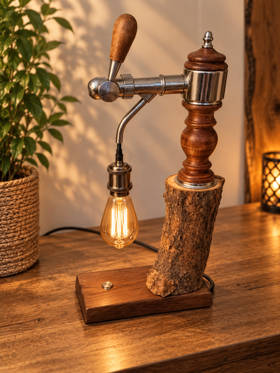 ÇaMousseLAmpoule, ancienne pompe à bière transformée en lampe artisanale sur pied en bois de charme – LBS