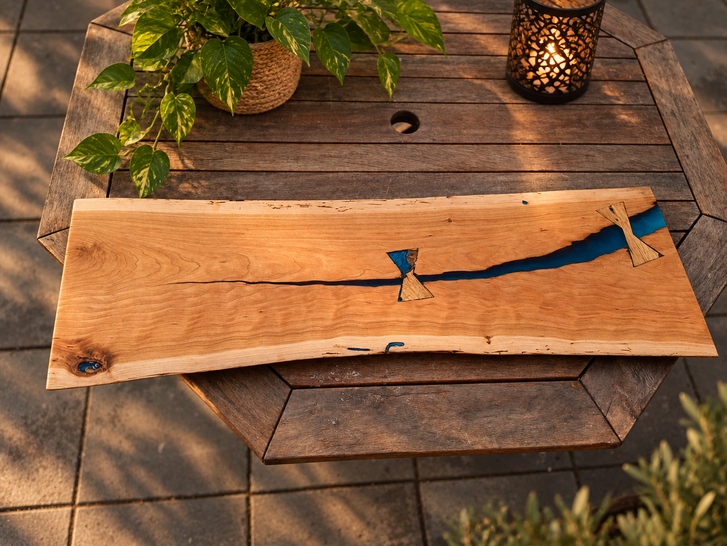 River Planche décorative en orme massif avec résine phosphorescente bleue et entures papillon – LBS