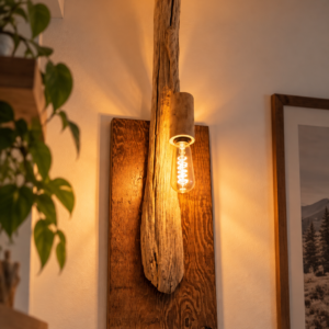 Percée, lampe murale artisanale en bois massif avec effet de branche se prolongeant jusqu’au plafond – LBS