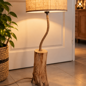 Twisted, lampe artisanale en bois naturel avec bras flexible en corde et abat-jour en tissu – LBS