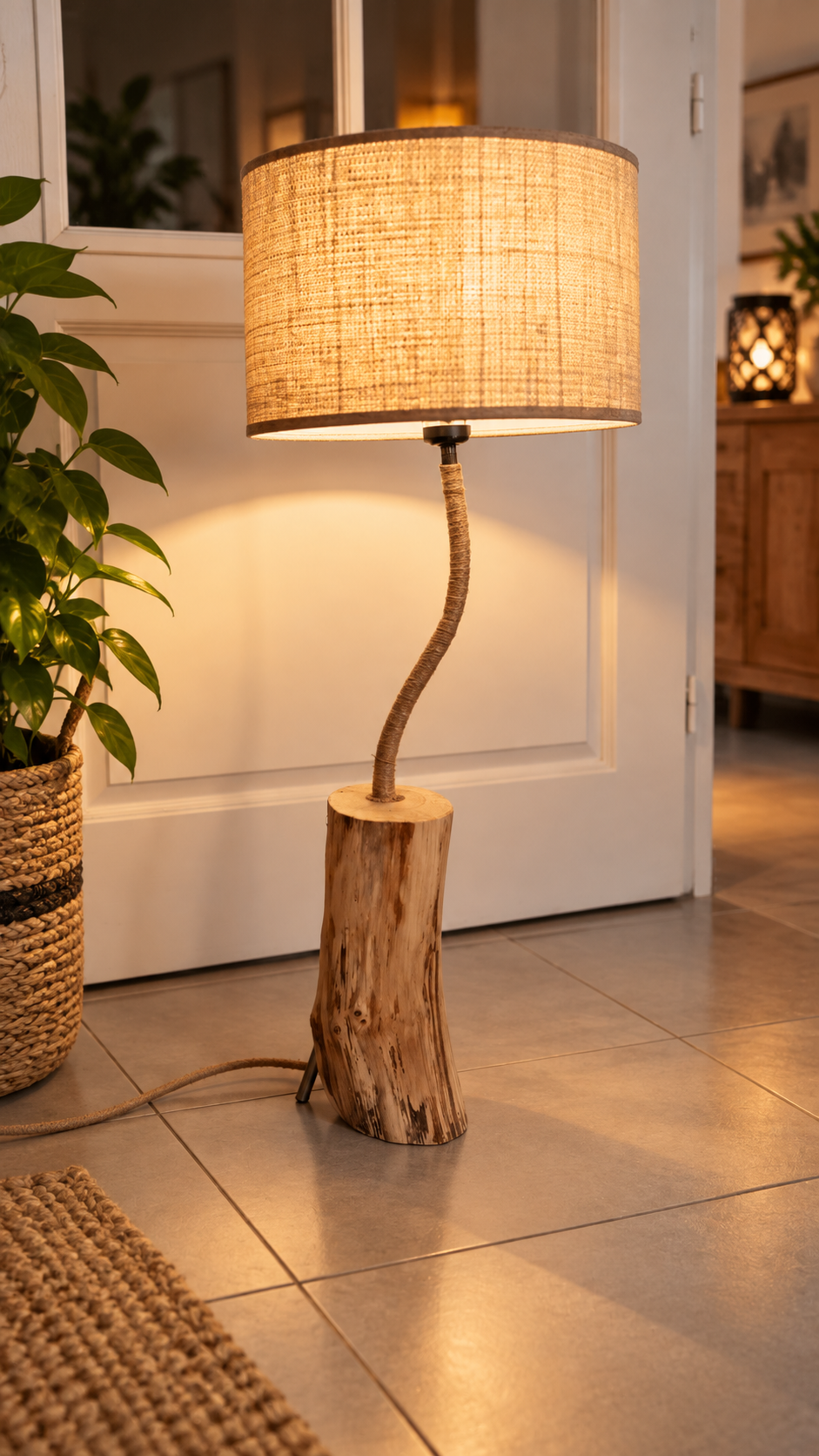 Twisted, lampe artisanale en bois naturel avec bras flexible en corde et abat-jour en tissu – LBS