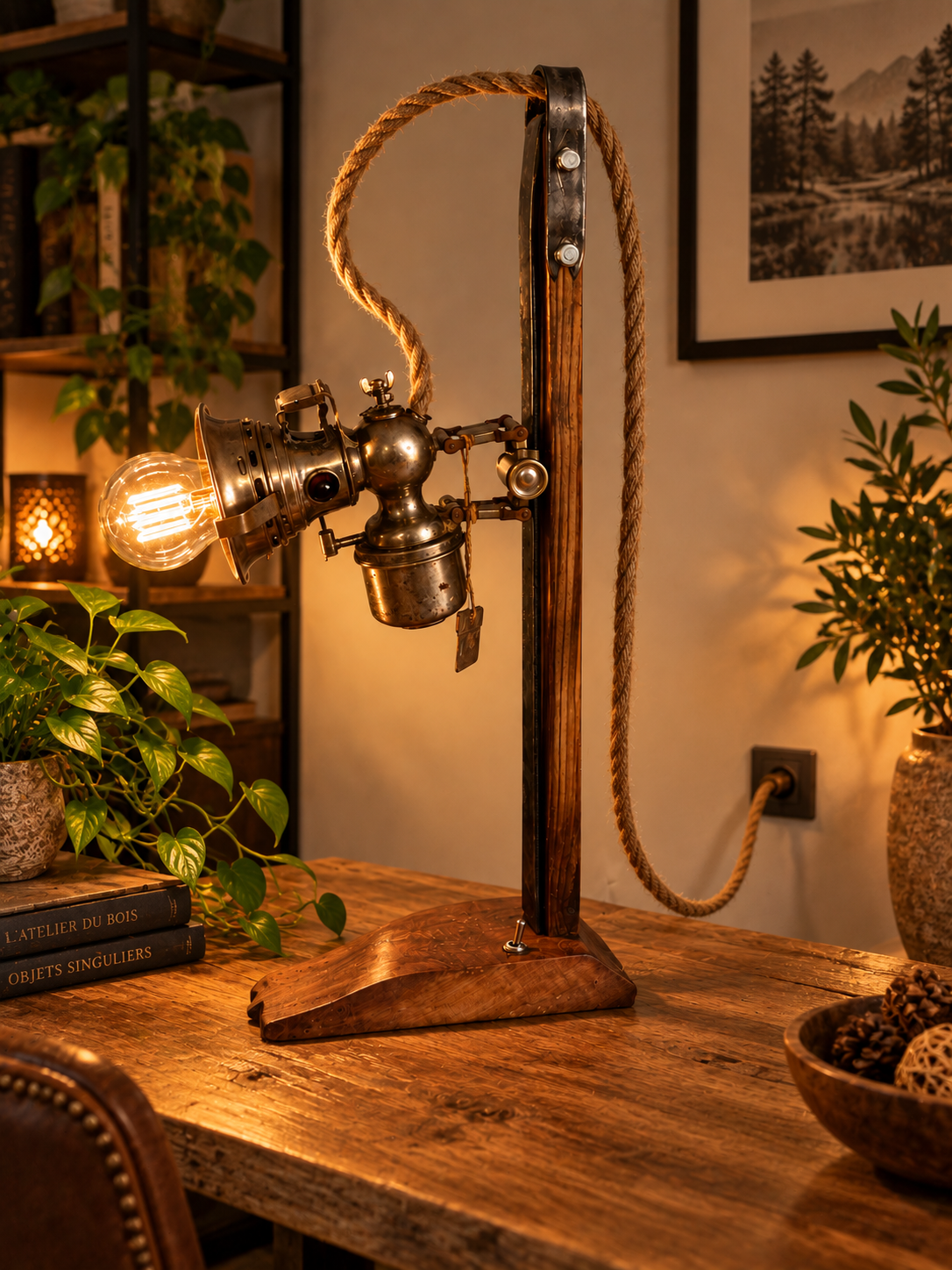 Véro, ancienne lampe à pétrole de vélo transformée en luminaire artisanal en bois et métal – LBS