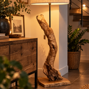 VieilleBranche, lampe sur pied artisanale en bois de rivière avec socle en orme massif – création LBS