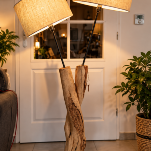Lady, lampadaire double artisanal en bois de cerisier avec socle en orme et deux abat-jours – LBS