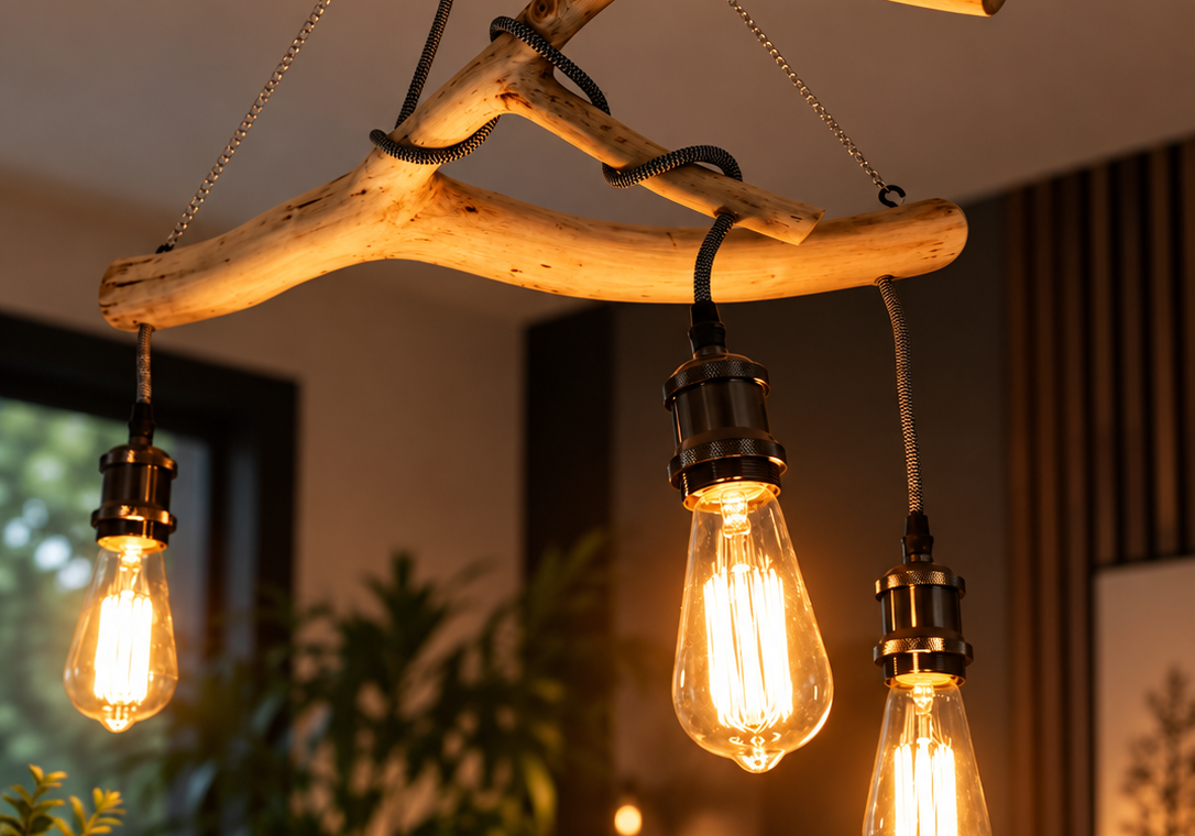 Lustre artisanal en branches de noyer avec trois ampoules suspendues – luminaire en bois naturel LBS